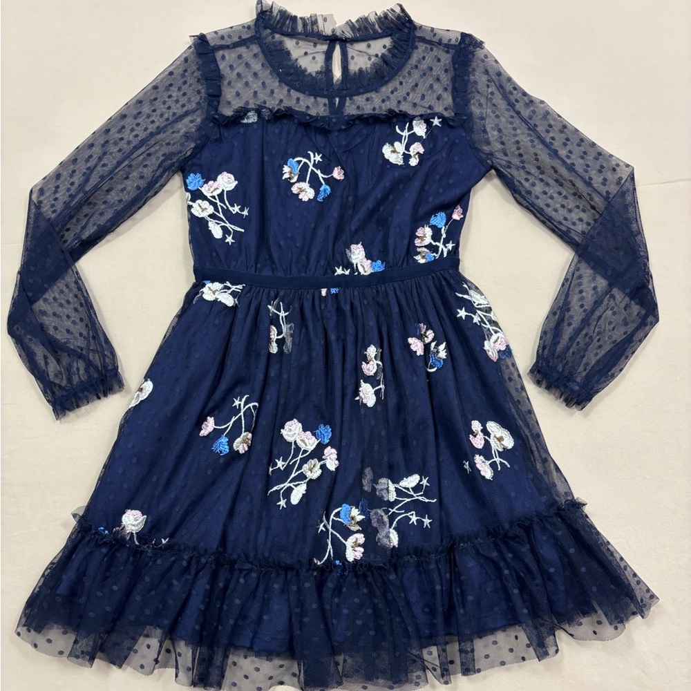 BCBGirls Midnight Blue Floral Embroidered Fit and Flare Girls Dress Size 10